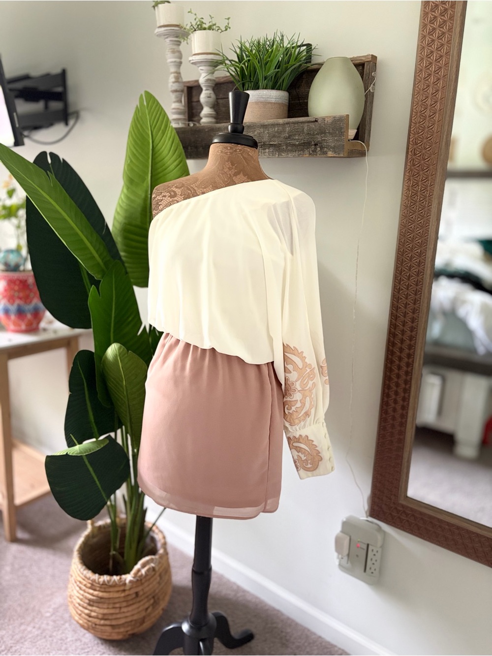 One-Shoulder Ivory and Blush Mini Dress